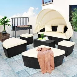 6pc Wicker Round Outdoor Sectional Set With Cushions - Black/Beige - GODEER -Outdoor Garden GUEST 4a1d96ff af7f 4aeb a691 c4c3d014e67e