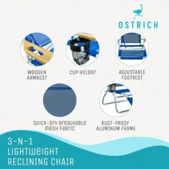 Ostrich 3 N 1 Lightweight Aluminum Frame 5 Position Reclining Beach Chair, Blue -Outdoor Garden GUEST 4aa06504 0927 4d35 a029 1e038d8b752a