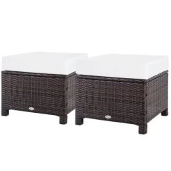 Outsunny 2 Pc 20" Outdoor PE Rattan Wicker Ottoman, Fade-Resistant Patio Footrest With Soft Cushion, Steel Frame, Dark Brown, White -Outdoor Garden GUEST 4ae39110 d32d 4980 b7a0 be5228e84fd9