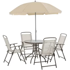 Outsunny 6 Piece Patio Dining Set For 4 With Umbrella, 4 Folding Dining Chairs & Round Glass Table For Garden, Backyard And Poolside 12 Outsunny 6 Piece Patio Dining Set For 4 With Umbrella, 4 Folding Dining Chairs & Round Glass Table For Garden, Backyard And Poolside -Outdoor Garden GUEST 4b472418 ea4c 472e 9ec3 5809b84db53a