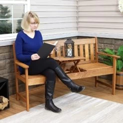 Sunnydaze Decor Sunnydaze Outdoor Meranti Wood With Teak Oil Finish 2-Person Bench Seat With Pop-Up Table - 60" - Brown -Outdoor Garden GUEST 4e6a00cb 2dfb 44d8 906c ff11169a0a6d