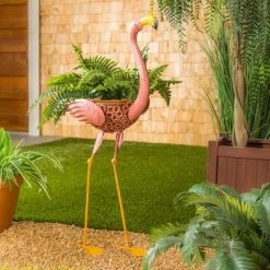 Evergreen 37"H Metal Flamingo Planter With Coco Liner- Fade And Weather Resistant Outdoor Decoration For Homes, Yards And Gardens