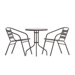 Flash Furniture Lila 23.75'' Round Glass Metal Table With 2 Metal Aluminum Slat Stack Chairs -Outdoor Garden GUEST 4ffc0ba1 fe30 434c b960 40dd16a3324d
