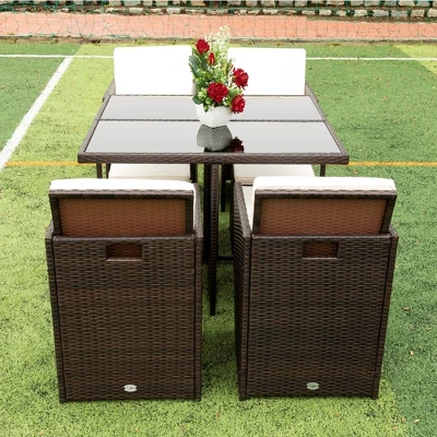 9pc Outdoor Wicker Dining Set With Cushions - Dark Brown/Beige - GODEER 4 9pc Outdoor Wicker Dining Set With Cushions - Dark Brown/Beige - GODEER - Image 4