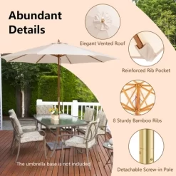 10FT Patio Wooden Market Table Umbrella Pulley W/8 Bamboo Ribs Sunshade Canopy -Outdoor Garden GUEST 52e1c174 cb93 4cea 9b77 cdb58d802104