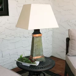 Sunnydaze Decor Sunnydaze Contemporary Natural Slate With Copper Trim And Fabric Cream Shade Accent Indoor/Outdoor Weather-Resistant Table Lamp -Outdoor Garden GUEST 5321517b 42c5 4223 bbd9 8425cf92f239
