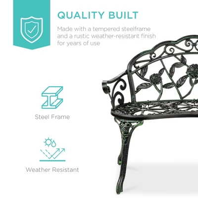 Best Choice Products Outdoor Bench Steel Garden Patio Porch Furniture W/ Floral Accent, Antique Finish 2 Best Choice Products Outdoor Bench Steel Garden Patio Porch Furniture W/ Floral Accent, Antique Finish - Image 2