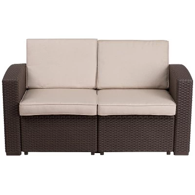 Merrick Lane Outdoor Furniture Resin Loveseat Chocolate Brown Faux Rattan Wicker Pattern 2-Seat Loveseat With All-Weather Beige Cushions 2 Merrick Lane Outdoor Furniture Resin Loveseat Chocolate Brown Faux Rattan Wicker Pattern 2-Seat Loveseat With All-Weather Beige Cushions - Image 2