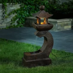 LuxenHome Resin Japanese Pagoda Fountain With LED Light