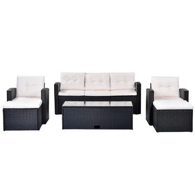 6pc Wicker Patio Conversation Set With Sofa, Arm Chairs, Ottomans & Coffee Table - Black/Beige - GODEER 11 6pc Wicker Patio Conversation Set With Sofa, Arm Chairs, Ottomans & Coffee Table - Black/Beige - GODEER - Image 11