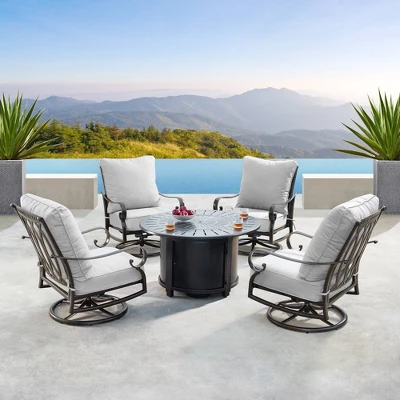 5pc Outdoor Set With 44" Round Aluminum Fire Table Set With 4 Swivel Rocking Chairs & Wind Blocker Lid - Oakland Living 1 5pc Outdoor Set With 44" Round Aluminum Fire Table Set With 4 Swivel Rocking Chairs & Wind Blocker Lid - Oakland Living