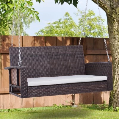 Outsunny 2-Person Wicker Hanging Porch Swing Bench Outdoor Chair With Cushions 1 Outsunny 2-Person Wicker Hanging Porch Swing Bench Outdoor Chair With Cushions