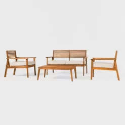 Saracina Home 4pc Mid-Century Modern Slatted Acacia Outdoor Patio Conversation Furniture Set -Outdoor Garden GUEST 5bd5681e 7e46 43b4 a961 a82e40c62e87