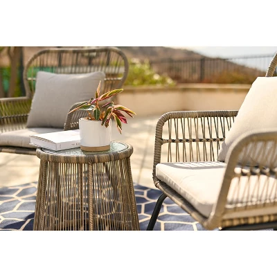 Barton 3PCS Outdoor Patio Wicker Chat Conversation Bistro Chairs And Side Table With Cushion Seat, Light Grey/Beige 3 Barton 3PCS Outdoor Patio Wicker Chat Conversation Bistro Chairs And Side Table With Cushion Seat, Light Grey/Beige - Image 3