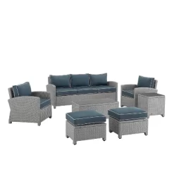 Bradenton 7pc Outdoor Wicker Sofa And Arm Chair Seating Set With Coffee Table, Side Table And 2 Ottomans - Navy/Gray - Crosley -Outdoor Garden GUEST 5c60f18a a80b 4238 8c42 80956dad9ebd
