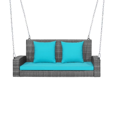 Tangkula Outdoor Porch Swing Bench, Patio Wicker Hanging Swing With Rustproof Chains & Comfortable Cushions Off White/Turquoise/Red/Black 11 Tangkula Outdoor Porch Swing Bench, Patio Wicker Hanging Swing With Rustproof Chains & Comfortable Cushions Off White/Turquoise/Red/Black - Image 11