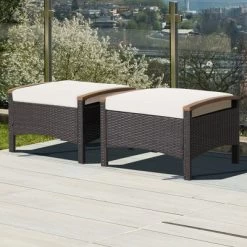 Costway Set Of 2 Patio Rattan Ottoman Footrest Cushions Wooden Handle Off WhiteBrownRedNavy -Outdoor Garden GUEST 6319a75c 753b 4557 82f5 152b8f9aea64
