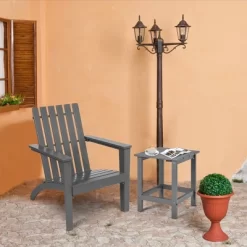 Costway 3PCS Patio Adirondack Chair Side Table Set Solid Wood Garden Deck Grey