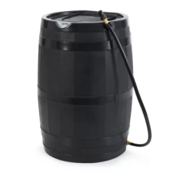 FCMP Outdoor RC45 45 Gallon Heavy Duty Outdoor Home Rain Water Catcher Barrel Container With Hose & Debris Screen, Black