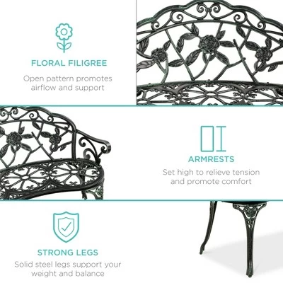 Best Choice Products Outdoor Bench Steel Garden Patio Porch Furniture W/ Floral Accent, Antique Finish 4 Best Choice Products Outdoor Bench Steel Garden Patio Porch Furniture W/ Floral Accent, Antique Finish - Image 4