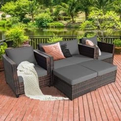 Costway 5PCS Patio Rattan Furniture Set Loveseat Sofa Ottoman Cushioned RedWhite -Outdoor Garden GUEST 677e57ef 927d 4171 a0cb e16e1c7aa8b5