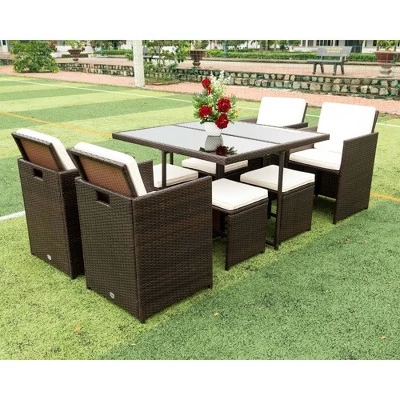 9pc Outdoor Wicker Dining Set With Cushions - Dark Brown/Beige - GODEER 2 9pc Outdoor Wicker Dining Set With Cushions - Dark Brown/Beige - GODEER - Image 2