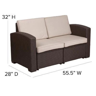 Merrick Lane Outdoor Furniture Resin Loveseat Chocolate Brown Faux Rattan Wicker Pattern 2-Seat Loveseat With All-Weather Beige Cushions 8 Merrick Lane Outdoor Furniture Resin Loveseat Chocolate Brown Faux Rattan Wicker Pattern 2-Seat Loveseat With All-Weather Beige Cushions - Image 8
