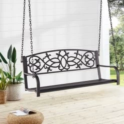 Costway 2-Person Metal Outdoor Porch Swing Hanging Patio Bench 485 Lbs Capacity BlackBrown -Outdoor Garden GUEST 6a9dd632 6f15 4a23 a976 0cdc48d44077