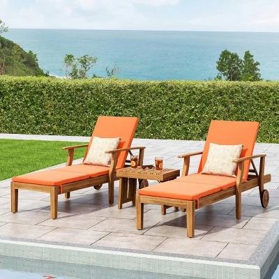 Perla 3pc Outdoor Acacia Wood Chaise Lounge Set With Cushions - Teak/Orange - Christopher Knight Home 1 Perla 3pc Outdoor Acacia Wood Chaise Lounge Set With Cushions - Teak/Orange - Christopher Knight Home