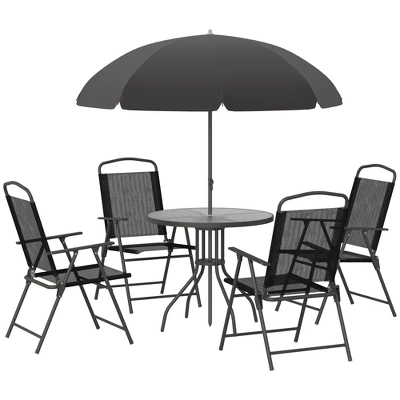 Outsunny 6 Piece Patio Dining Set For 4 With Umbrella, 4 Folding Dining Chairs & Round Glass Table For Garden, Backyard And Poolside 7 Outsunny 6 Piece Patio Dining Set For 4 With Umbrella, 4 Folding Dining Chairs & Round Glass Table For Garden, Backyard And Poolside - Image 7