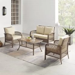 Tribeca 4pc Outdoor Wicker Conversation Set - Sand/Driftwood - Crosley