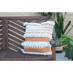 Orange Striped Hand Woven 18x18" Outdoor Decorative Throw Pillow With Hand Tied Fringe - Foreside Home & Garden -Outdoor Garden GUEST 712867e0 481e 42f4 aa2c f8ce11cafe49