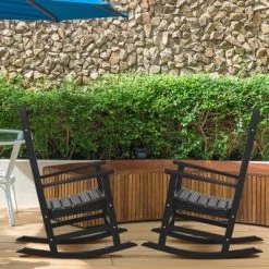 Outsunny 2 Pc Outdoor Rocking Chair, Traditional Slatted Porch Rocker With Armrests, Waterproof HDPE, Black