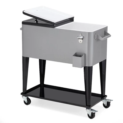 JOMEED 80 Quart/20 Gallon Wheeled Rolling Outdoor Patio And Deck Cooler Cart Ice Chest With Shelf, Drainage Hole Plug And Bottle Opener, Silver 1 JOMEED 80 Quart/20 Gallon Wheeled Rolling Outdoor Patio And Deck Cooler Cart Ice Chest With Shelf, Drainage Hole Plug And Bottle Opener, Silver