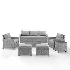 Bradenton 7pc Outdoor Wicker Sofa And Arm Chair Seating Set With Coffee Table, Side Table And 2 Ottomans - Gray/Gray - Crosley -Outdoor Garden GUEST 7402f9f1 d06f 4950 9611 4912cc556559