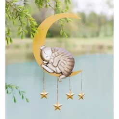 Wind & Weather Lighted Hanging Metal Moon With Animals Indoor/Outdoor Decoration - Cat