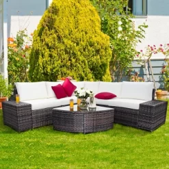Costway 6PCS Rattan Furniture Set Conversation Cushioned Sofa Armrest Garden TurquoiseWhite -Outdoor Garden GUEST 7978489e a1b6 4bd9 849f 3b946b489e7a