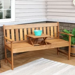 Sunnydaze Decor Sunnydaze Outdoor Meranti Wood With Teak Oil Finish 2-Person Bench Seat With Pop-Up Table - 60" - Brown -Outdoor Garden GUEST 7ab7ac55 e61b 4eaf be23 b606d305663e
