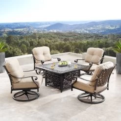Oakland Living 5pc Deep Seating Swivel Aluminum Outdoor Patio Fire Pit Dining Set Copper