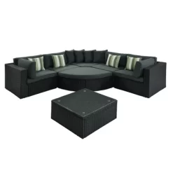 7pc Wicker Patio Seating Set With Cushions & Striped Pillows - Gray - GODEER -Outdoor Garden GUEST 7bf1011f 0f17 4cdc a973 0baec8ca34e8