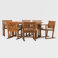 Saracina Home 7pc Modern Slatted Acacia Outdoor Dining Set With Trapezoid Legs -Outdoor Garden GUEST 7c578f64 72ae 46c5 ac48 00e4a01b963b