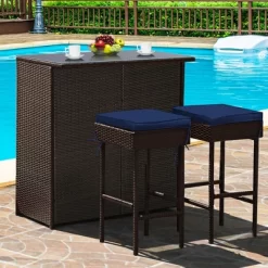 Costway Patio 3PCS Rattan Bar Table Stool Set Cushioned Chairs With Cover -Outdoor Garden GUEST 7db70aef 82ac 4bf7 829f a8df7e3c5d0e