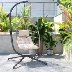 Merrick Lane Riley Foldable Woven Hanging Egg Chair With Removable Cushion And Stand For Indoor And Outdoor Use