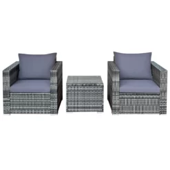 Tangkula 3-Piece Patio Wicker Conversation Set Bistro Rattan Sofa Chair With Washable Cushion Gray -Outdoor Garden GUEST 7fb0db03 9ee1 4f53 bce2 a6f6bafb2b05