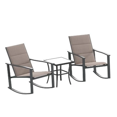Merrick Lane 3 Piece Outdoor Bistro Set With Flex Comfort Rocking Chairs And Steel Framed Glass Top Table 4 Merrick Lane 3 Piece Outdoor Bistro Set With Flex Comfort Rocking Chairs And Steel Framed Glass Top Table - Image 4