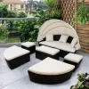 6pc Wicker Round Outdoor Sectional Set With Cushions - Black/Beige - GODEER