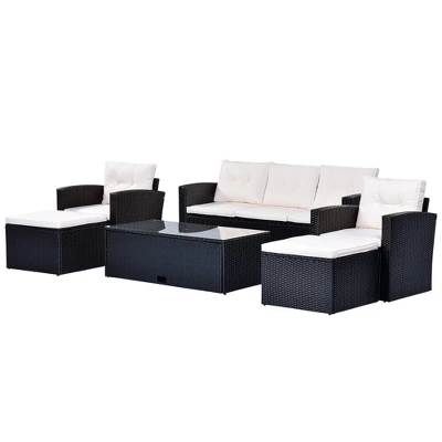 6pc Wicker Patio Conversation Set With Sofa, Arm Chairs, Ottomans & Coffee Table - Black/Beige - GODEER 6 6pc Wicker Patio Conversation Set With Sofa, Arm Chairs, Ottomans & Coffee Table - Black/Beige - GODEER - Image 6
