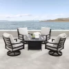 5pc Outdoor Dining Set With 42" Aluminum Square Medallion Design Fire Table & Deep Seating Swivel Rocking Chairs - Oakland Living