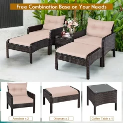 Costway 5 PCS Rattan Wicker Furniture Set Sofa Ottoman W/Brown Cushion Patio Garden Yard -Outdoor Garden GUEST 881735d8 111c 4ea1 abbe 9eaf6abe72a9