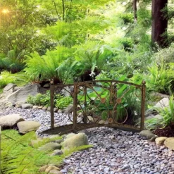 Outsunny 3.4FT Metal Arch Zen Garden Bridge With Safety Siderails, Decorative Footbridge, Delicate Floral Scrollwork For Stream, Fish Pond, Brown
